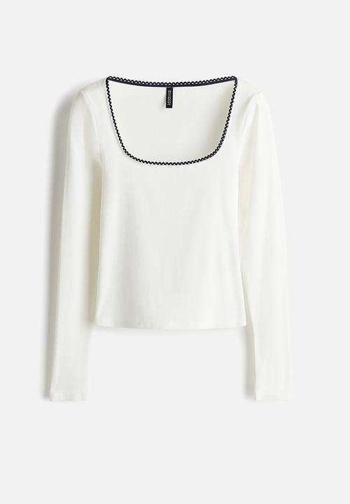 H&M - Picot-trimmed ribbed top - cream