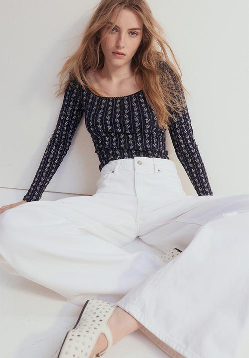 H&M - Picot-trimmed ribbed top - navy blue floral