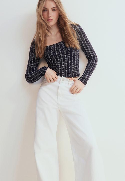 Picot-trimmed ribbed top - navy blue floral