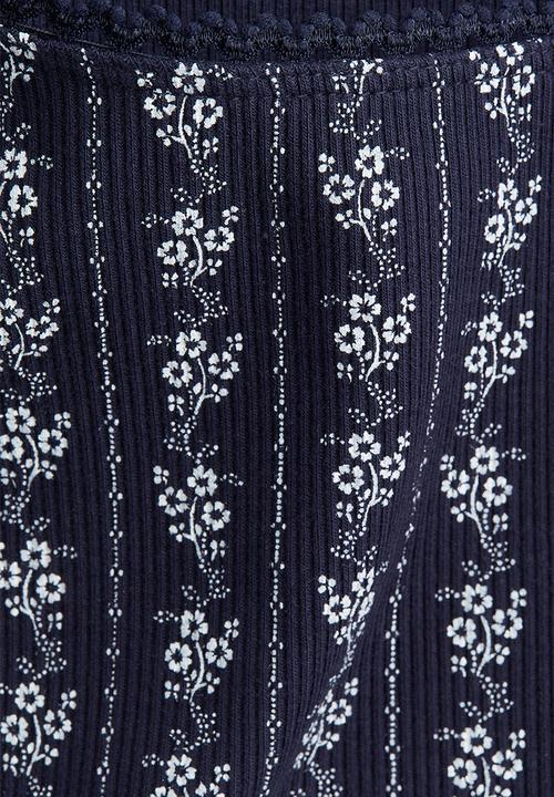 H&M - Picot-trimmed ribbed top - navy blue floral