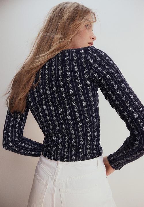 H&M - Picot-trimmed ribbed top - navy blue floral