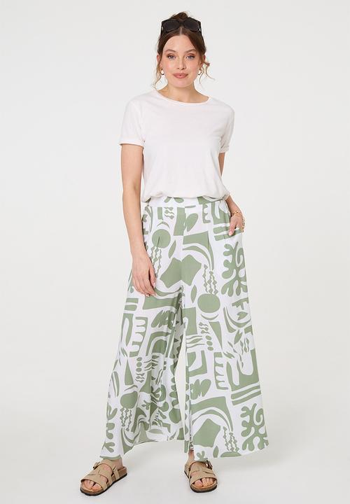 Izabel London - Multi design print Palazzo Wide Leg Pant - Sage