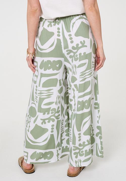 Izabel London - Multi design print Palazzo Wide Leg Pant - Sage
