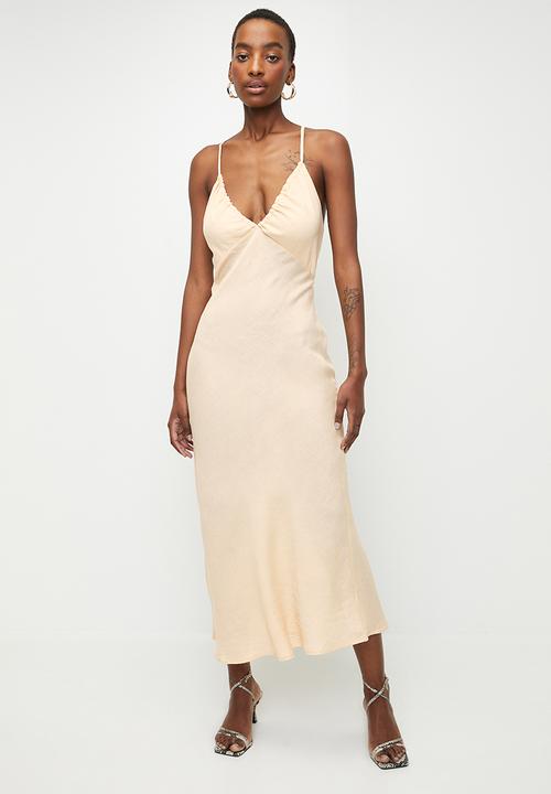Linen look strappy midaxi dress - stone