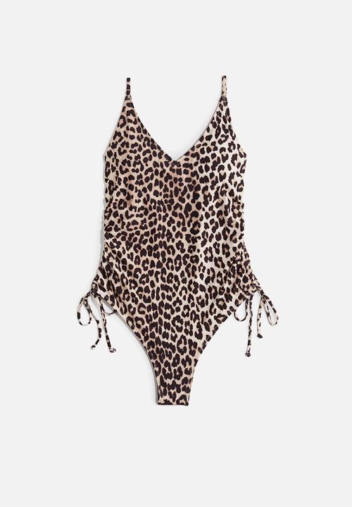 H&M - Padded-cup drawstring-detail swimsuit - light beige/leopard print