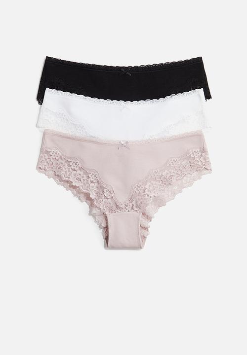 3-Pack cotton and lace hipster briefs - powder pink/white/black