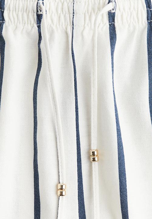 H&M - Linen-blend drawstring shorts -  white/navy blue striped 