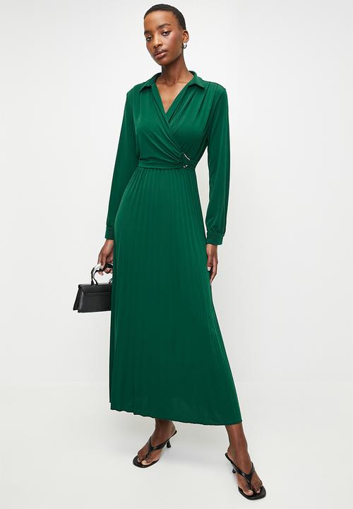 Trendyol - Double Breasted Pleated  Knitted Dress -Emerald