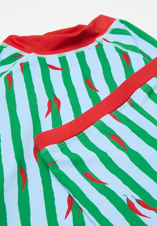 Cotton On - Flynn Long Sleeve Raglan Rash Vest & Billy Boyleg Swim Trunk Pack - Stripe/Chillies