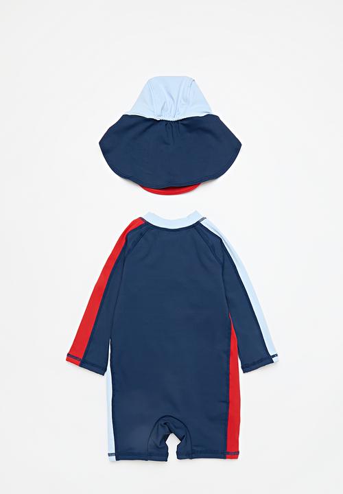 Cotton On - Bundle cameron swimsuit and sammy swim hat - navy ink/colourblock