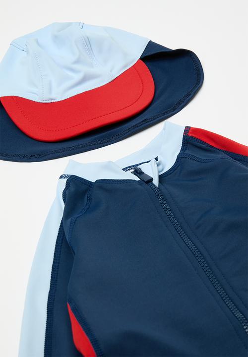 Cotton On - Bundle cameron swimsuit and sammy swim hat - navy ink/colourblock