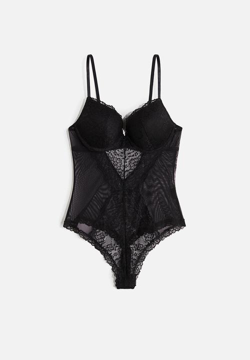 H&M - Lace push-up thong body - black