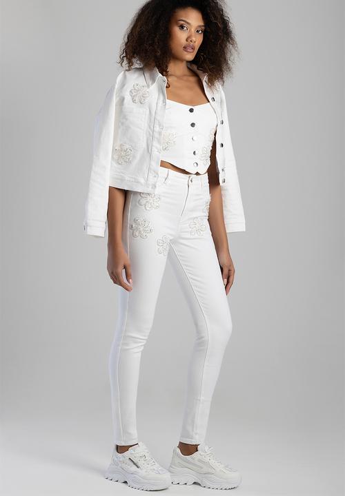 SISSY BOY - Cropped Jacket With Patch Pockets And Floral Applique  - White