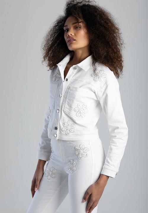 SISSY BOY - Cropped Jacket With Patch Pockets And Floral Applique  - White