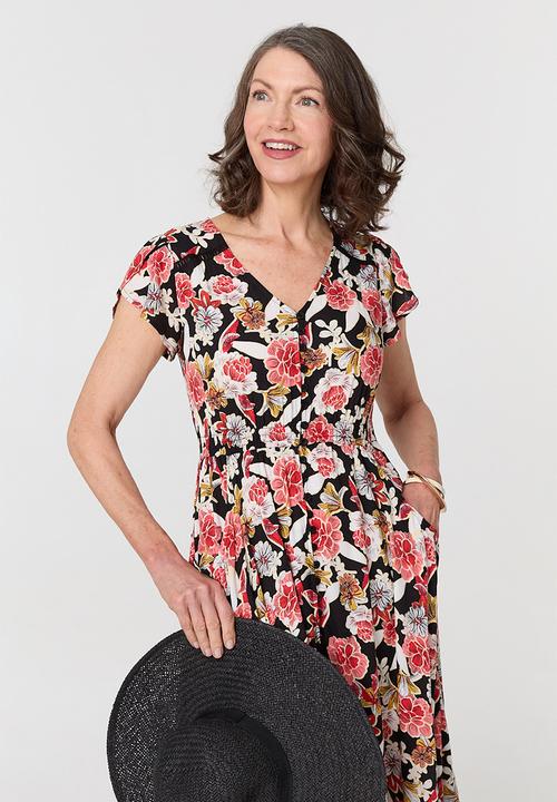 Stella Morgan - Cap flutter sleeve button through Maxi Dress - multi
