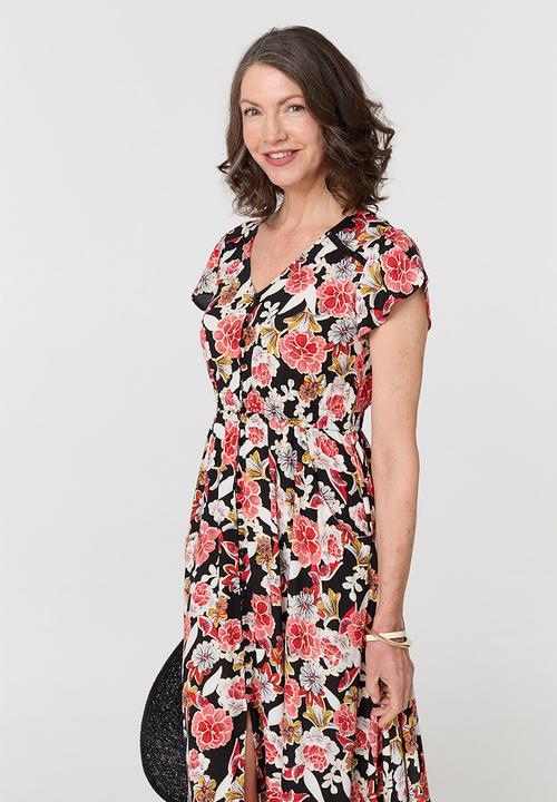 Stella Morgan - Cap flutter sleeve button through Maxi Dress - multi