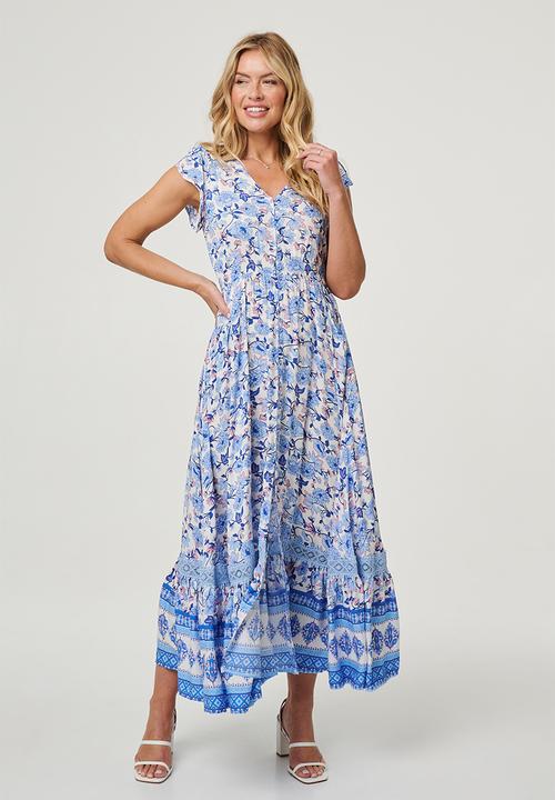 Stella Morgan - Cap flutter sleeve button through Maxi Dress - Blue