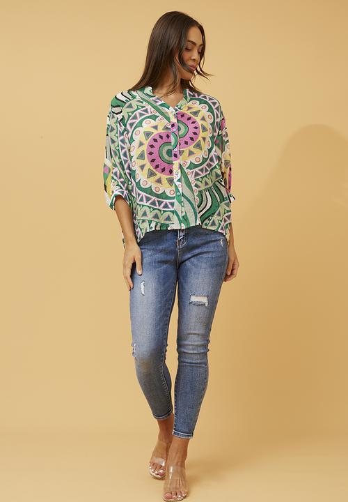Stella Morgan - Oversized batwing top with button down centre back detail - multi