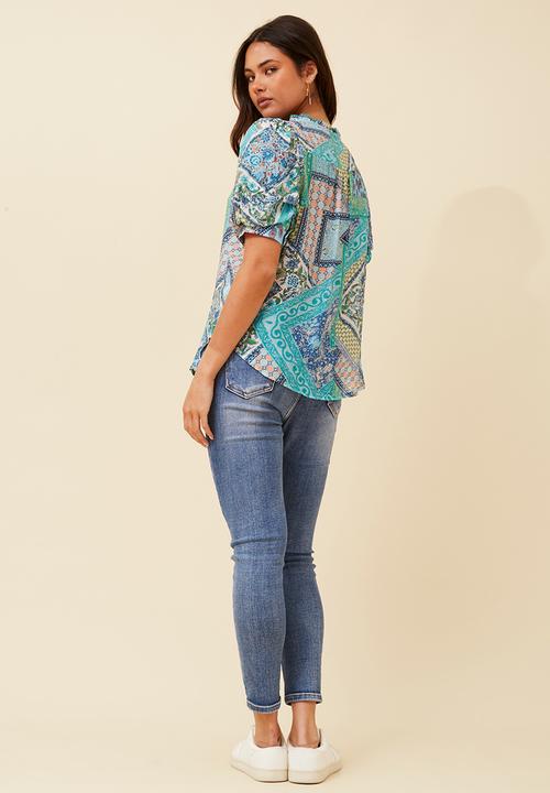 Stella Morgan - Hankerchief key hole blouse with elasticated puff sleeve - Blue