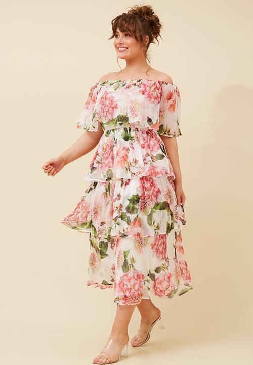 Izabel London - Pleated layered ruffle Dress with elastic neckline - Ivory Floral