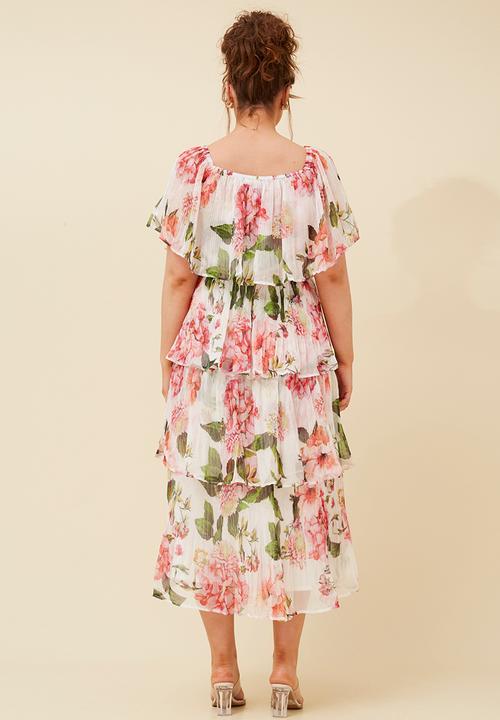 Izabel London - Pleated layered ruffle Dress with elastic neckline - Ivory Floral