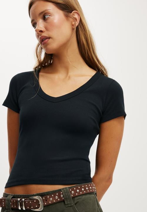 Cotton On - Goldie Rib V Neck Short Sleeve - Black