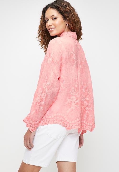 Stella Morgan - Embroidered voile blouse with scallop hem and sleeve end detail - Pink