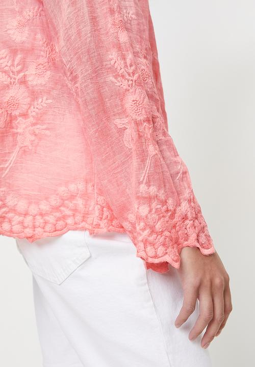 Stella Morgan - Embroidered voile blouse with scallop hem and sleeve end detail - Pink