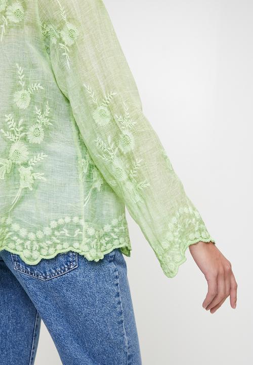 Stella Morgan - Embroidered voile blouse with scallop hem and sleeve end detail - Sage