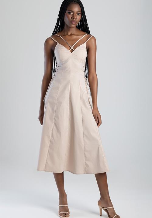 SISSY BOY - Fit And Flare Midi Dress With A V-Neckline And Strap Details - Stone