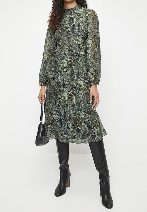 Trendyol - Shawl Patterned Ruffle Dress - Green