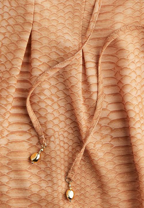 H&M - Lacing-detail chiffon blouse - beige snakeskin patterned 