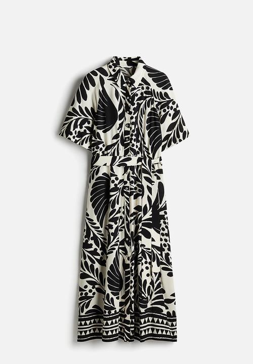 H&M - Tie-belt shirt dress - cream & black patterned