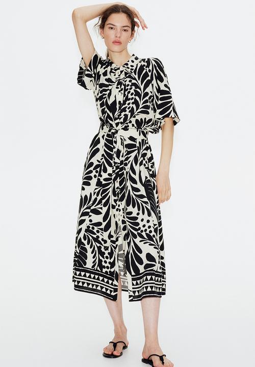Tie-belt shirt dress - cream/black patterned - 1217576013