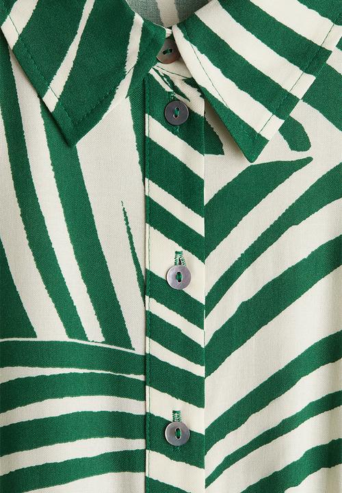 H&M - Tie-belt shirt dress - green patterned
