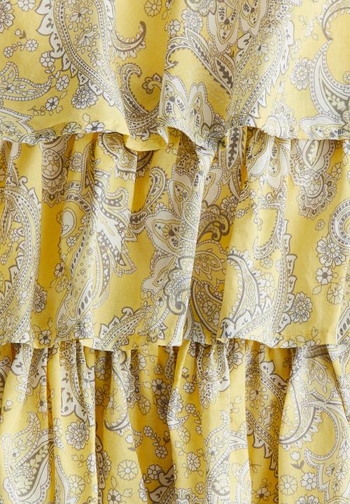 H&M - Tiered-skirt strappy dress - light yellow paisley-patterned