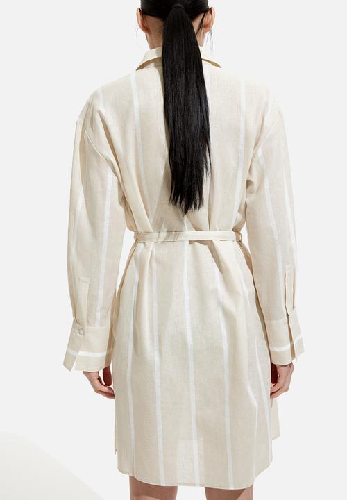 H&M - Linen-blend shirt dress - light beige striped