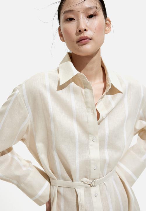 H&M - Linen-blend shirt dress - light beige striped