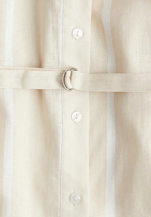 H&M - Linen-blend shirt dress - light beige striped