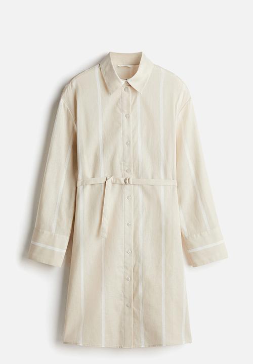H&M - Linen-blend shirt dress - light beige striped
