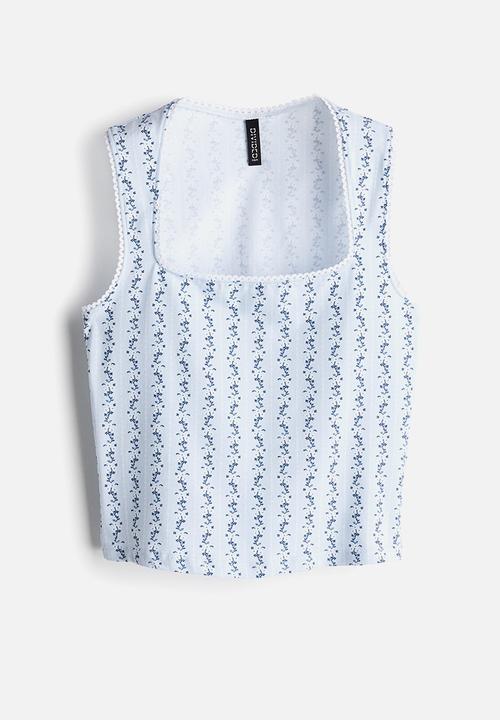 H&M - Picot-trimmed vest top - light blue floral