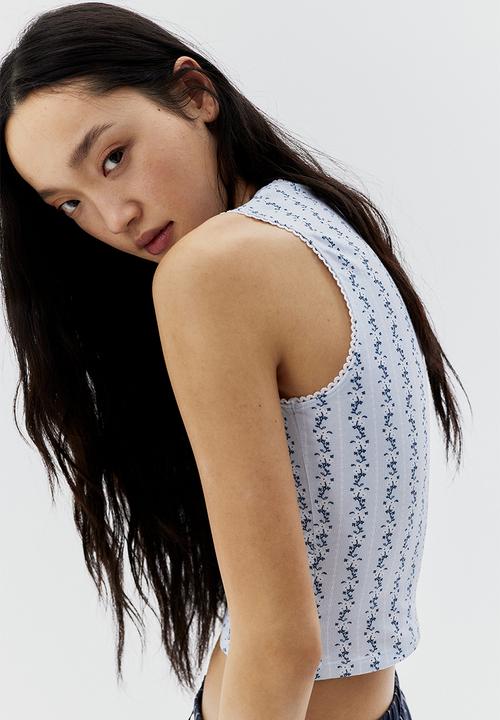 H&M - Picot-trimmed vest top - light blue floral