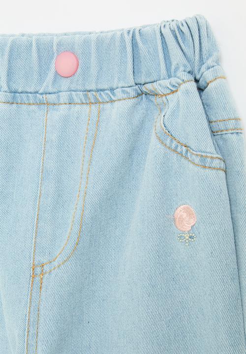 Pop Candy - Elasticated waist stone wash jeans with embroidered flowers - blue
