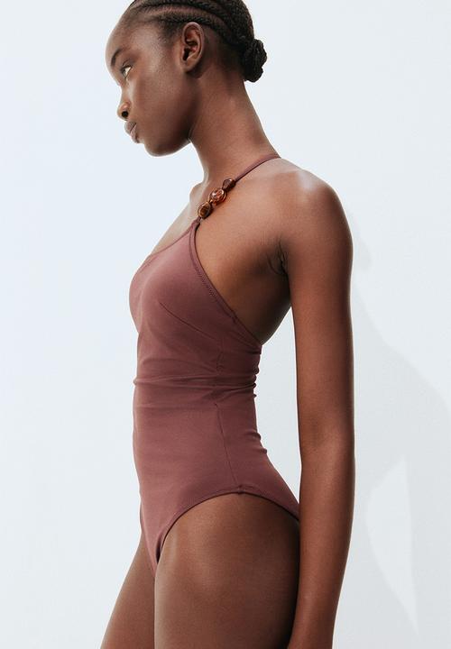 Padded-cup one-shoulder swimsuit - dark brown - 1271856001
