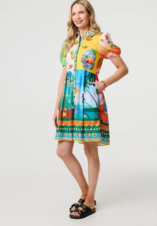 Stella Morgan - Puff Sleeve multi tropical button through Shirt Dress - multi