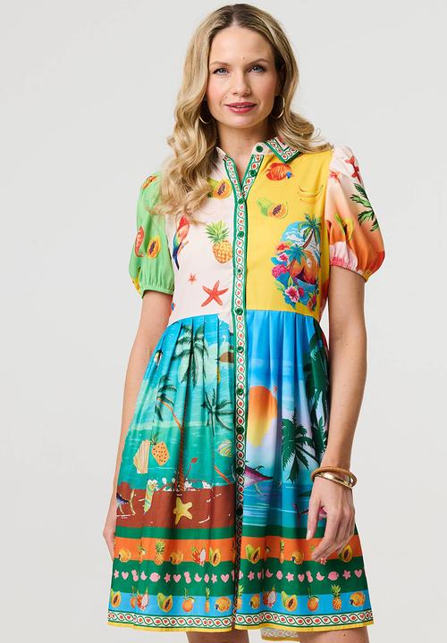 Stella Morgan - Puff Sleeve multi tropical button through Shirt Dress - multi