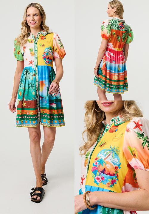 Stella Morgan - Puff Sleeve multi tropical button through Shirt Dress - multi