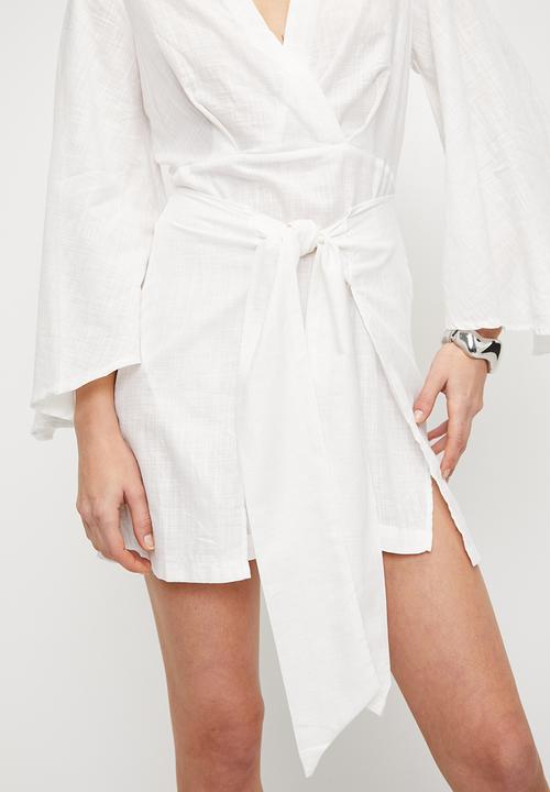 Trendyol - Woven Flamed Cotton Tied Mini Beach Dress - White 