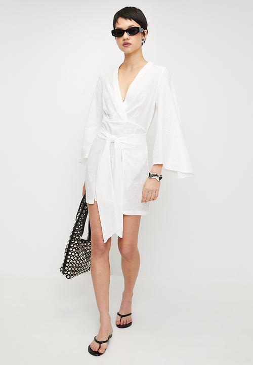 Trendyol - Woven Flamed Cotton Tied Mini Beach Dress - White 