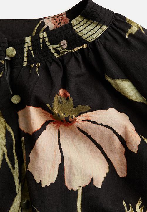 H&M - Band-collar blouse - black/floral